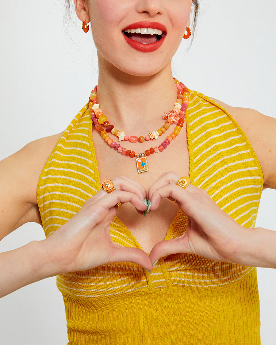 Coral, Orange & Yellow Mixed Jade Natural Stone and Shell Beaded Charm Necklace - Image 2